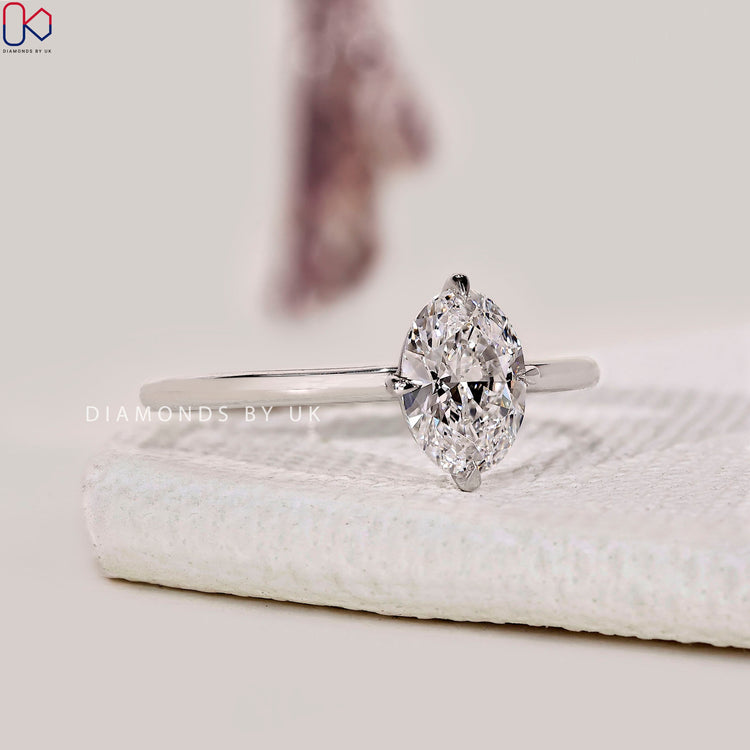 Simple engagement ring with lab grown oval diamond.
