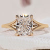 Elongated Cushion Cut Diamond Ring with split shank ring design.
