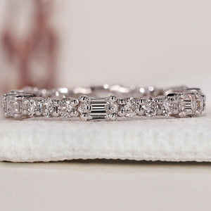 White Gold Eternity Band - Emerald and Round Diamonds