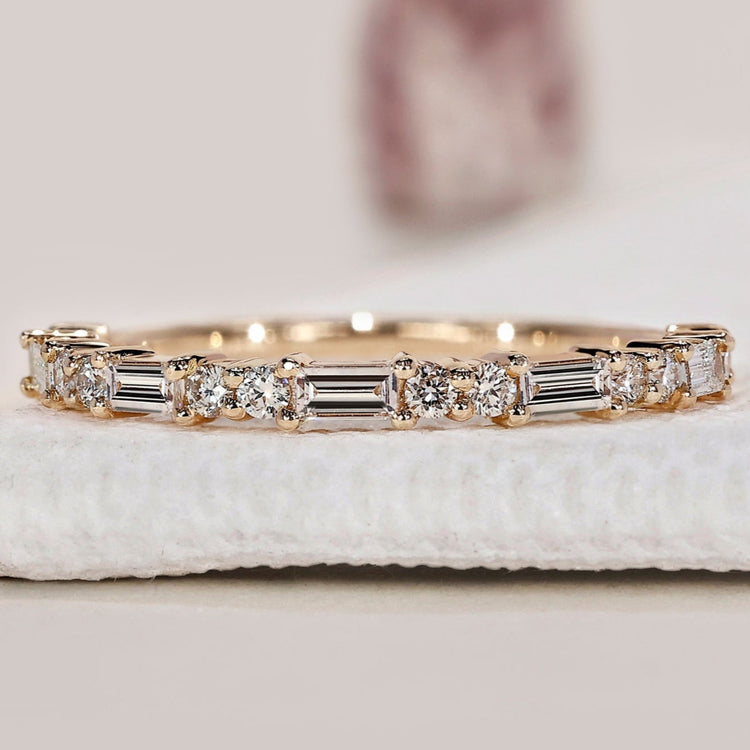 Baguette and round diamond band for a stunning look.
