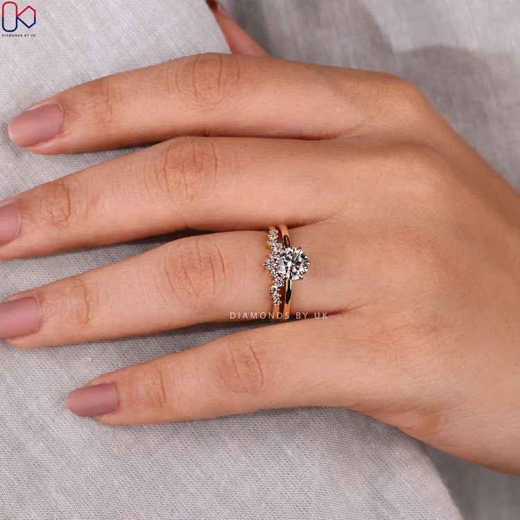 Curved wedding band paired with solitaire ring and round diamond band.
