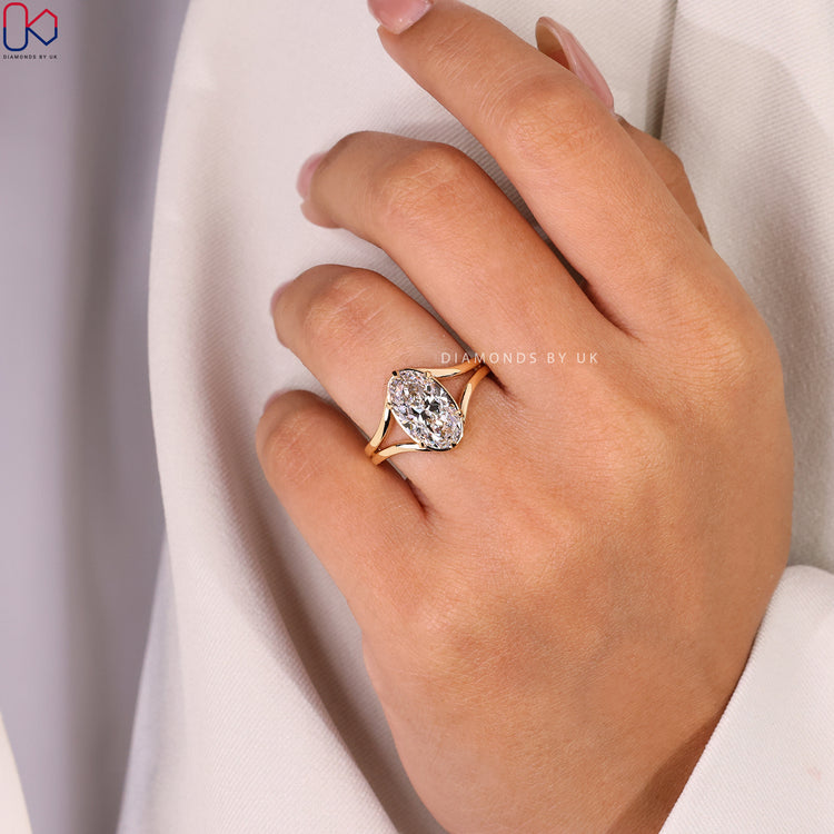 Lab grown diamond ring with yellow gold split shank.
