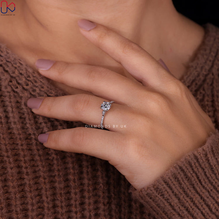 White gold diamond ring featuring a prong setting for maximum shine.
