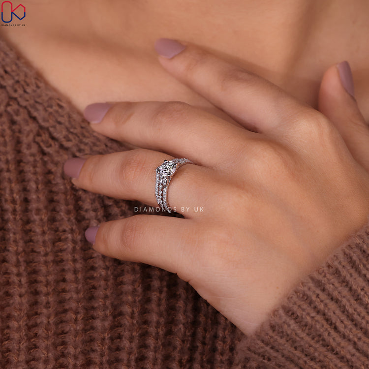Pave setting ring with round diamond wedding band and shared prong design.
