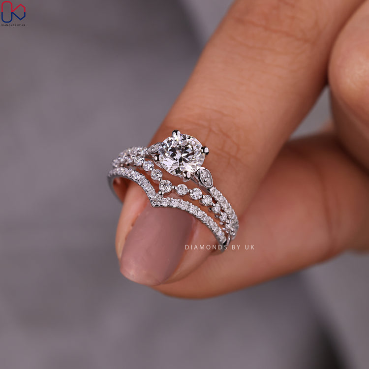 Diamondsbyuk bridal set with round diamond wedding band and half eternity band.