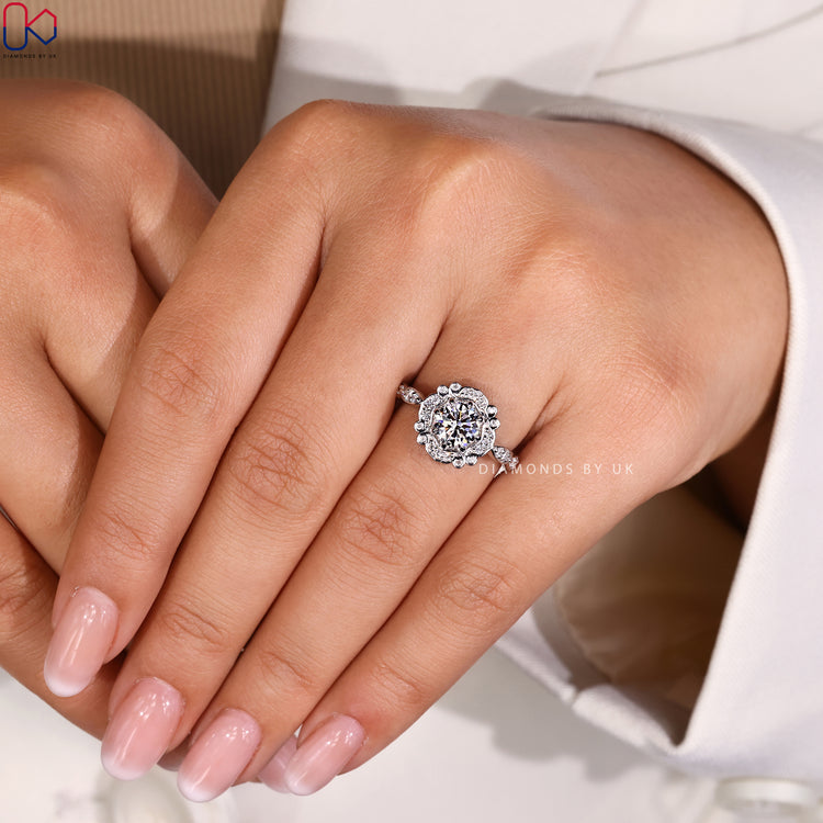 Halo engagement ring crafted in white gold with fine detail.
