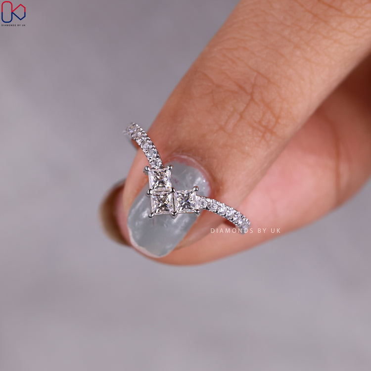 Prong set wedding band and chevron diamond band for daily wear.
