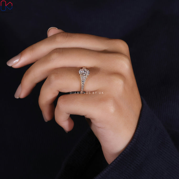 Lab grown diamond ring with 4 claw prong and vintage touch.
