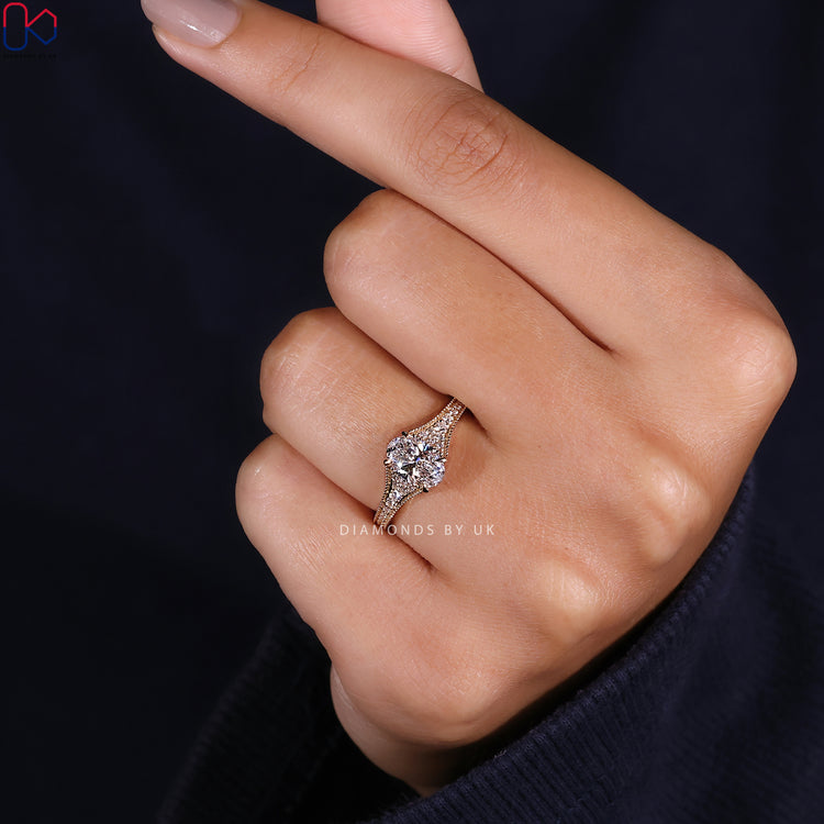 Buy engagement ring with milgrain and bridge accents.
