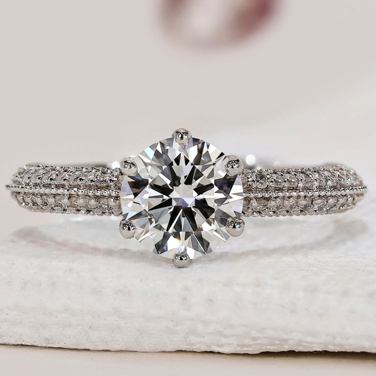 Double row pave engagement ring with a brilliant design.
