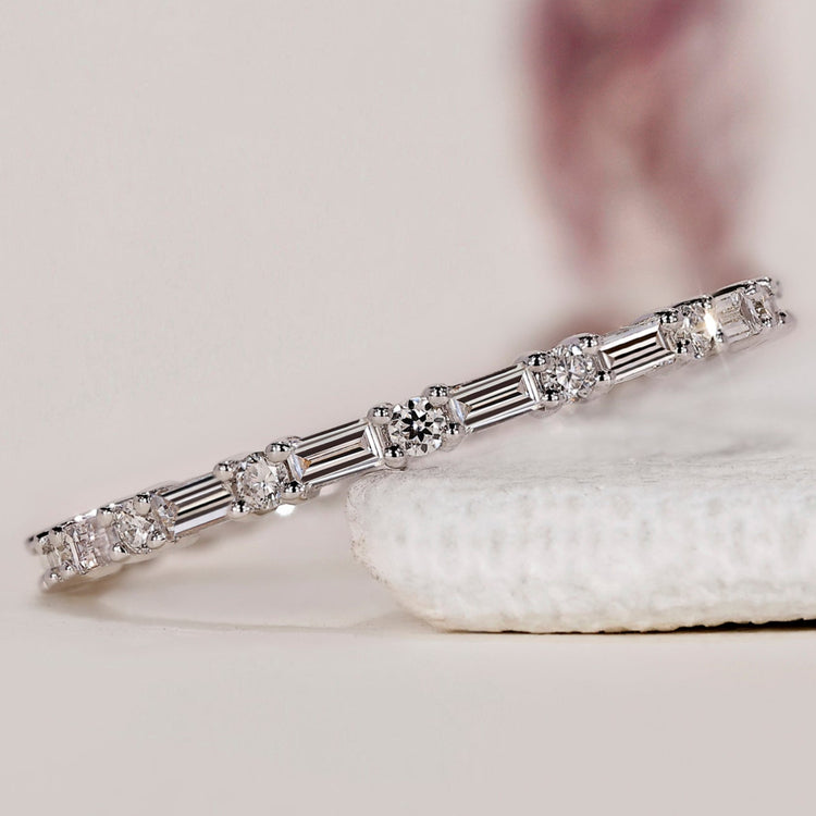 White Gold Round And Baguette Diamond Wedding Band