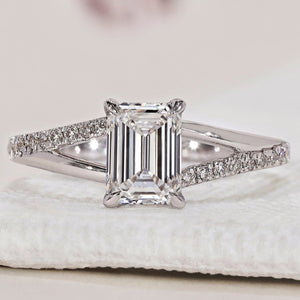 Split Shank Emerald Cut Ring In White Gold