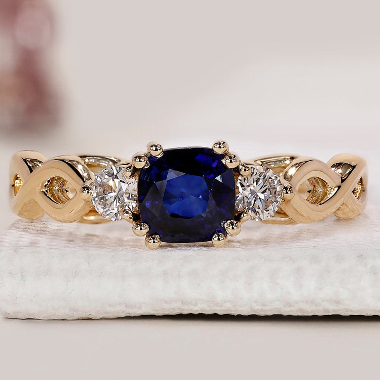 Yellow Gold Cushion Cut Blue Sapphire Engagement Ring