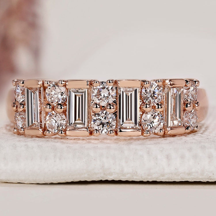 Baguette And Round Diamond Band With Semi Bezel Setting