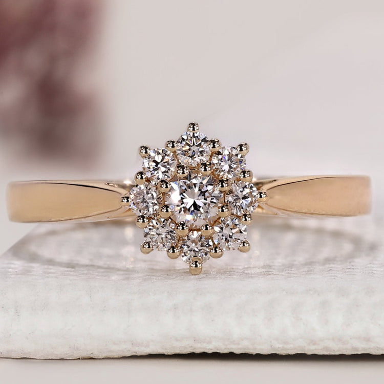 Cluster diamond ring featuring round cut diamonds for a bold look.

