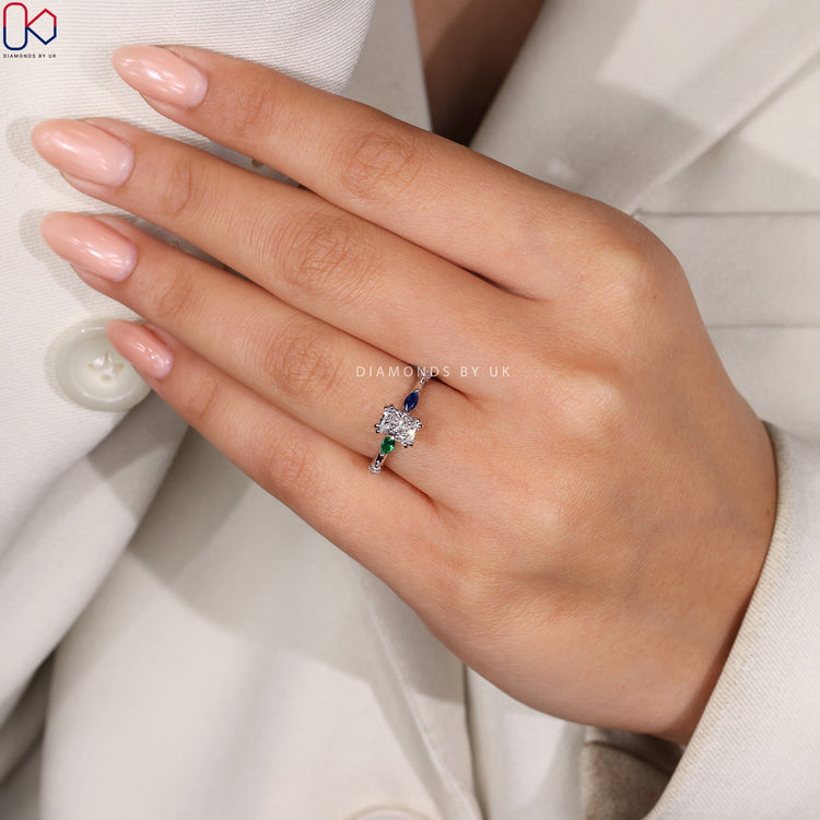 Lab grown diamond ring with radiant cut and hidden halo.
