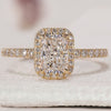 Radiant cut engagement ring with halo setting ring.
