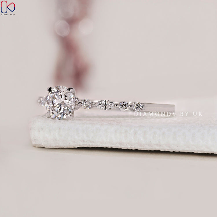 Stunning Lab Grown Diamond set in a white gold engagement ring with a floating bubble band ring.
