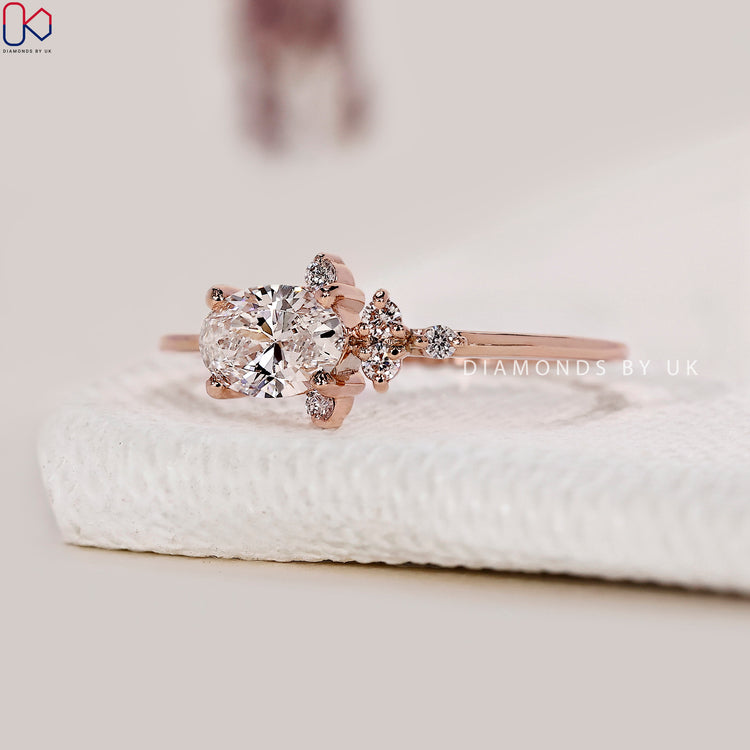 East to west oval diamond ring with elegant prong setting.
