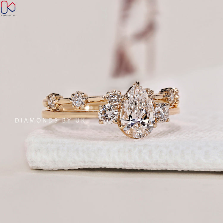 Handmade bridal set with a distance pave wedding band design.
