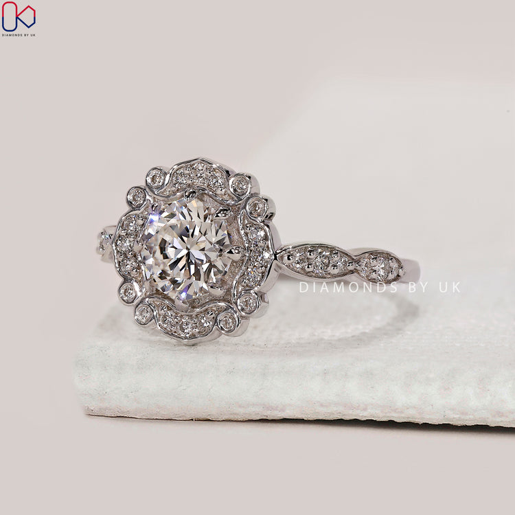 Pave band ring with round cut diamond and sparkling finish.
