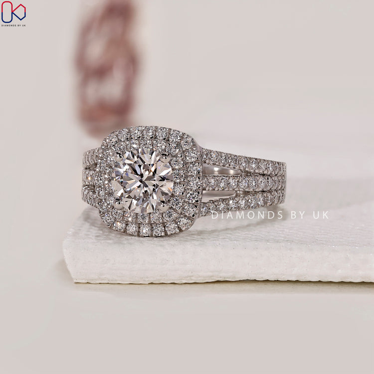 Customize ring with round cut lab diamonds in a double halo pave design.