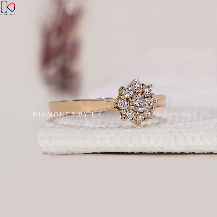 Round cut diamond ring in a classic style.
