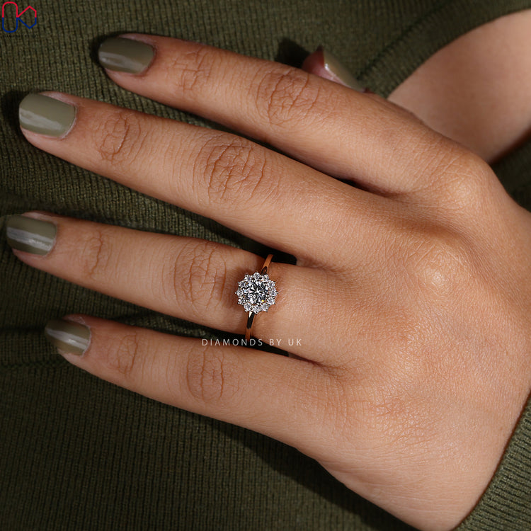 Round diamond halo ring with prong setting.
