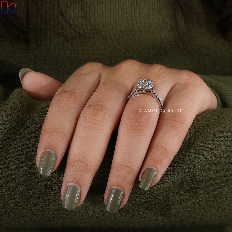 Handmade jewellery and halo engagement ring.
