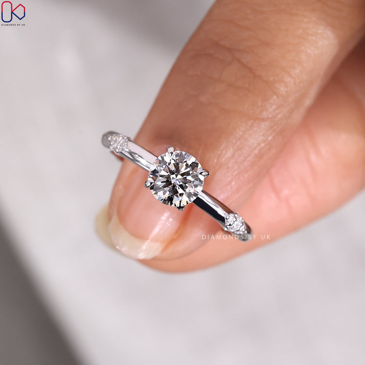 White Gold Diamond Engagement Ring designed with a lace crown band.
