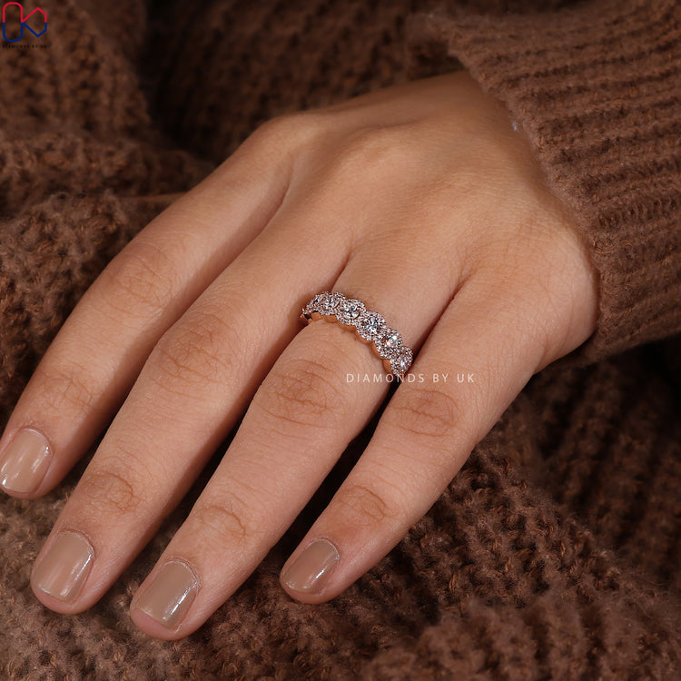 half eternity wedding band styled with lab grown diamond

