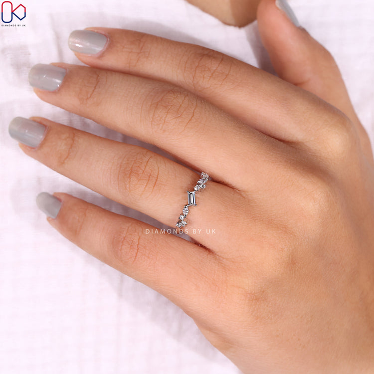 Half eternity diamond band matched with white gold diamond band.
