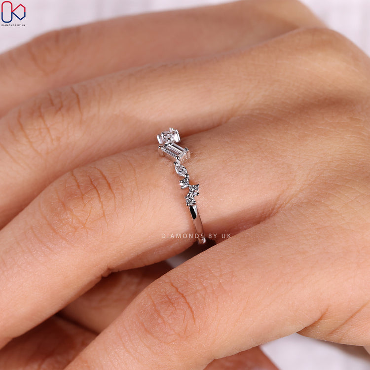 Buy diamond band and choose zig zag band for a modern touch.
