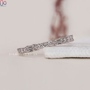 White Gold Eternity Band - Emerald and Round Diamonds