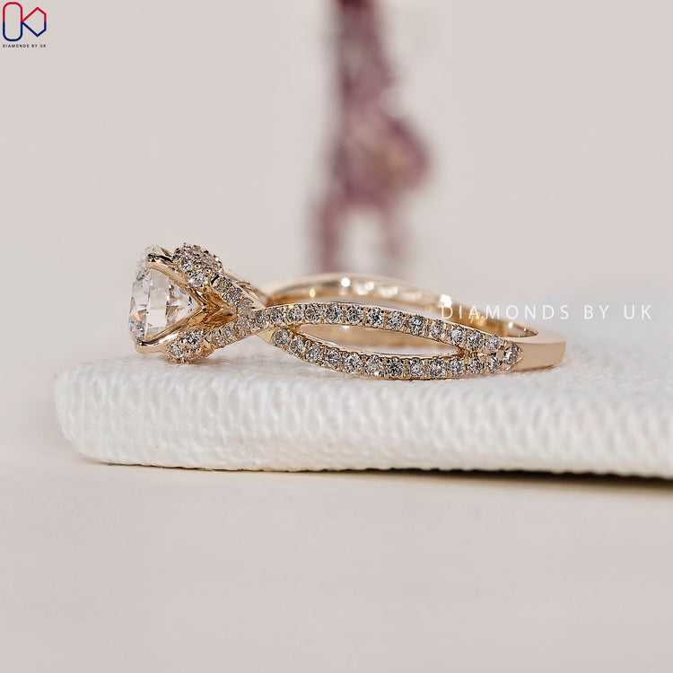 Shop to buy engagement ring featuring a twisted pave ring design with added brilliance.