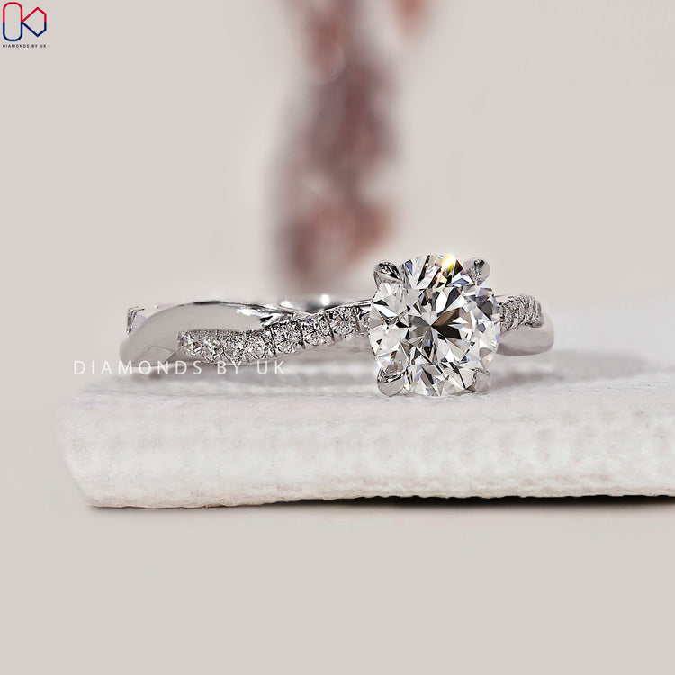 Handmade jewellery with twisted pave engagement ring.
