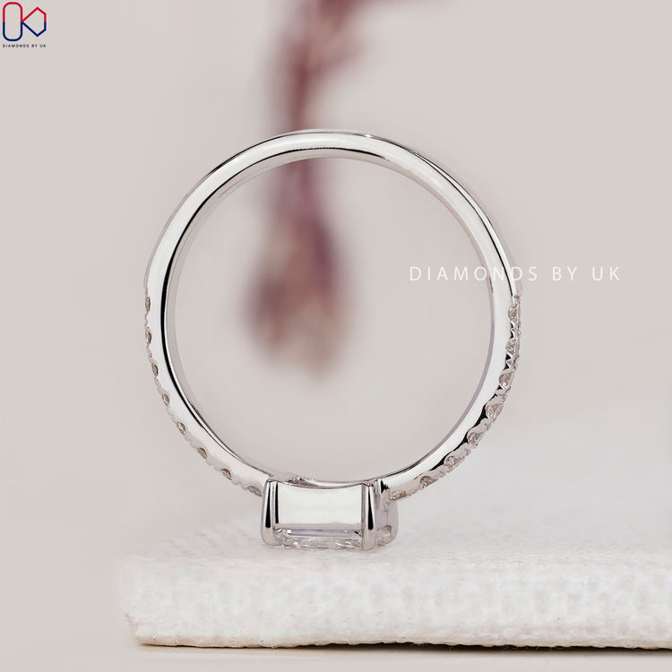 Lab Grown Diamond ring in white gold with radiant cut stone.
