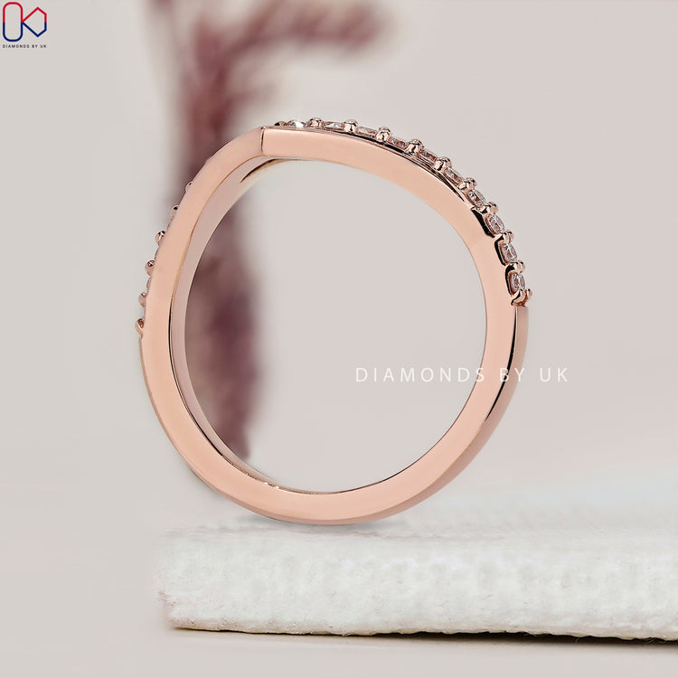 Dainty rose gold diamond band with ethical lab created stones.
