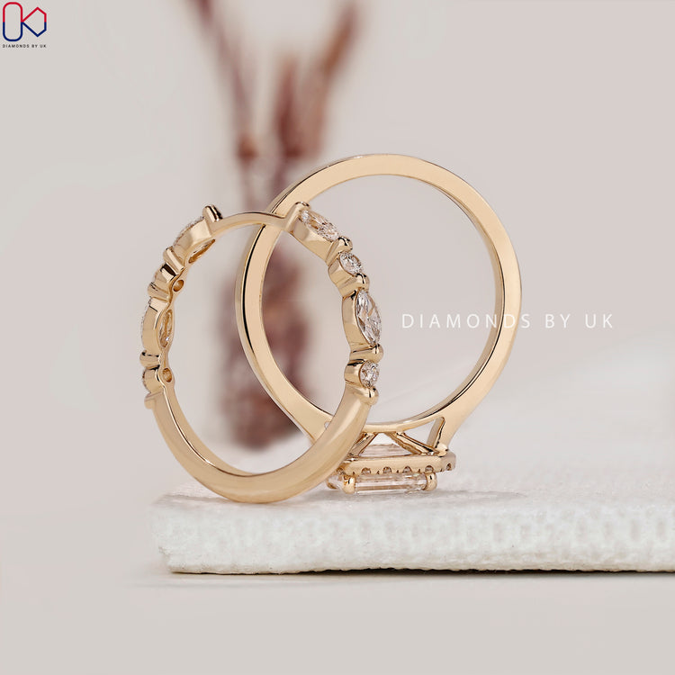 Buy bridal set online with emerald cut or halo diamonds.
