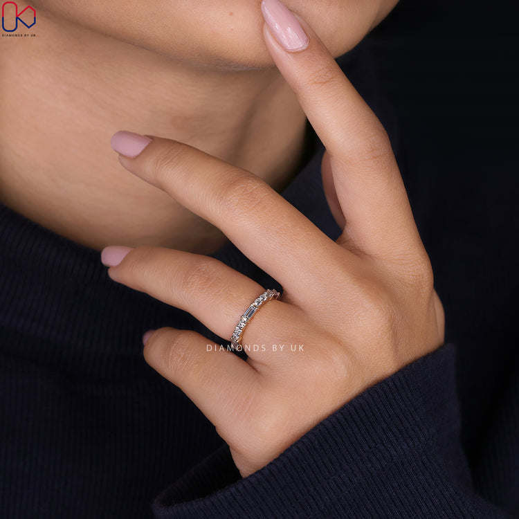 Lab grown diamond wedding band with baguette and round cuts.