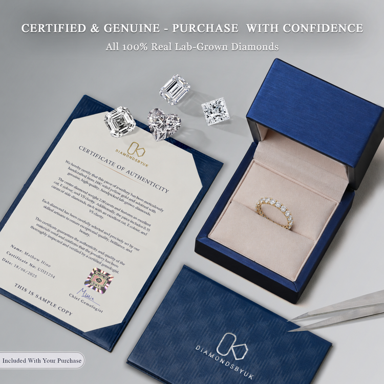 Lab-grown diamond ring in a blue box, displayed with a Certificate of Authenticity, DiamondsByUK cardholder, tweezers, and loose lab-grown diamonds in various cuts.