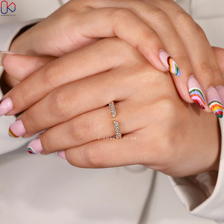 Cuff stacking wedding band perfect for layering with solitaires or statement rings.

