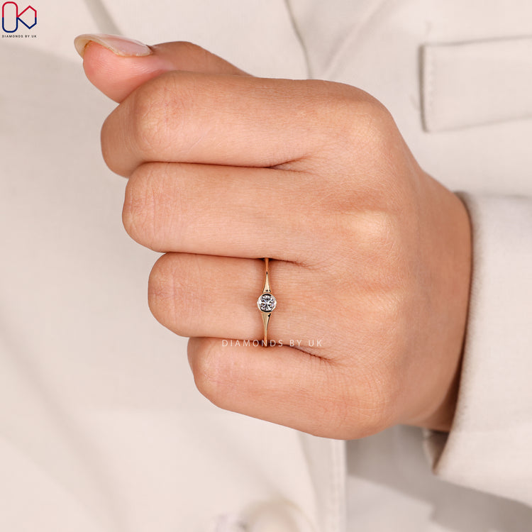 Minimalist lab grown diamond ring with bezel.
