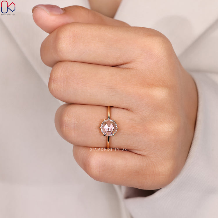 Lab grown round rose cut solitaire diamond ring.
