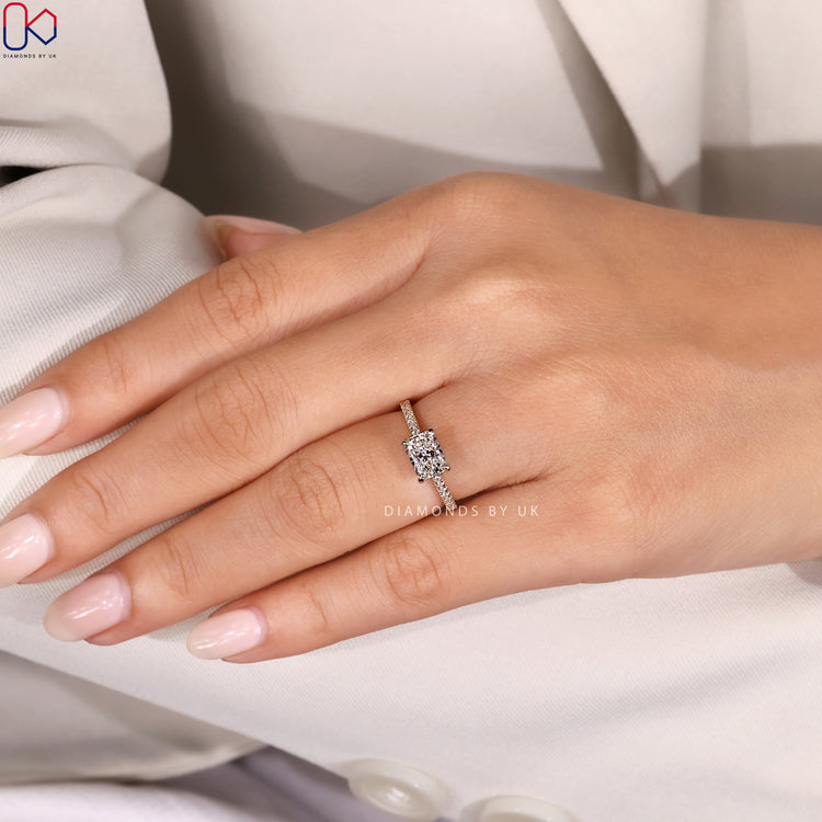 Lab grown radiant cut ring with four claw setting.