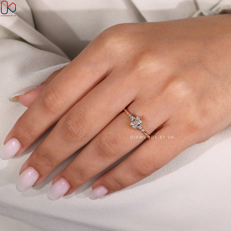 Radiant cut ring with double prong setting.