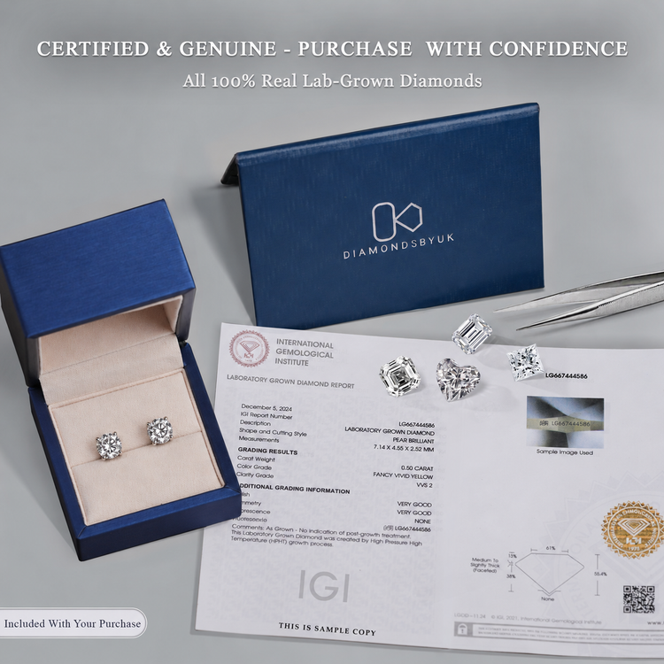 Lab-grown diamond Earrings in a blue box, displayed with a Certificate of Authenticity, DiamondsByUK cardholder, tweezers, and loose lab-grown diamonds in various cuts