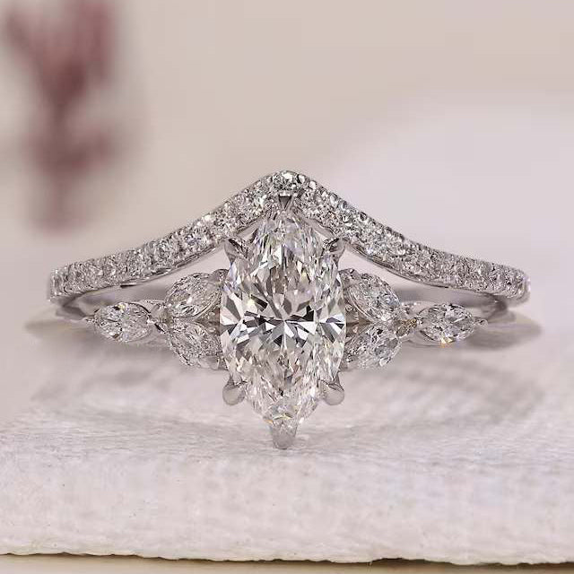 Marquise Diamond Engagement Ring With Wedding Band in Half Eternity Style