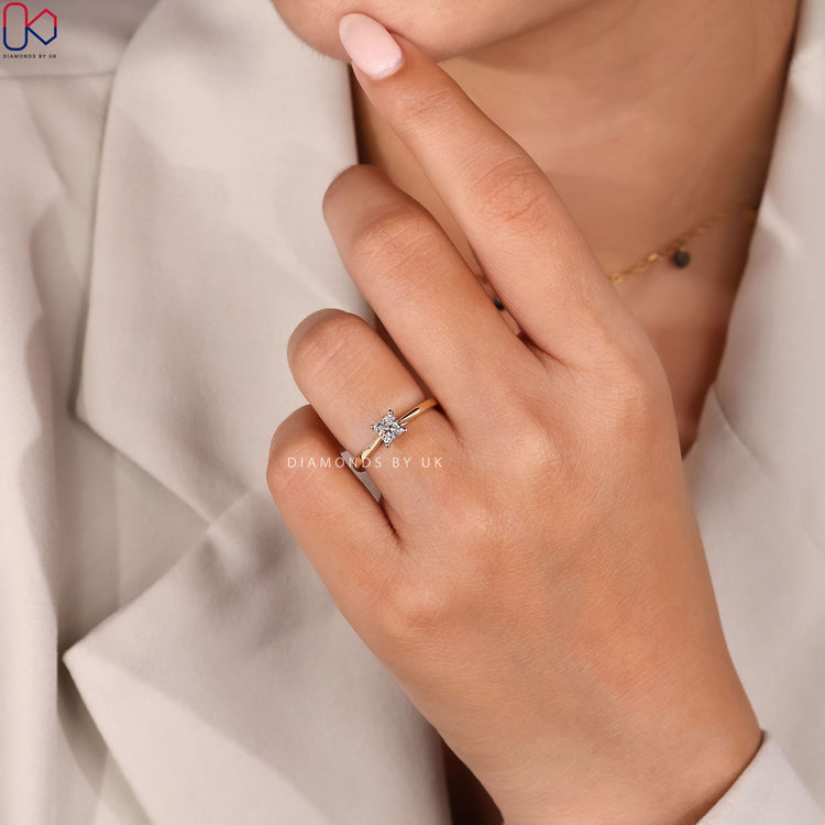 Lab grown princess cut ring with tapered shank.