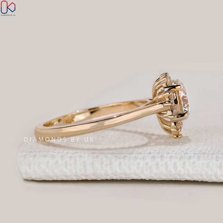 Handmade round ring with cluster halo design.